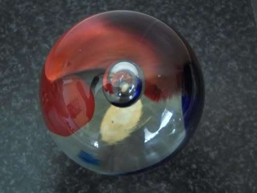 Genuine MURANO large paper weight, blue and red swirl with original paper label