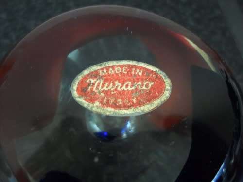 Genuine MURANO large paper weight, blue and red swirl with original paper label