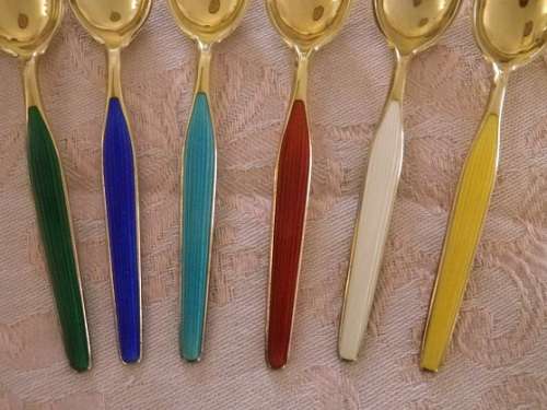 Magnificent Magnus Aase Norwegian Gilded Sterling Silver & Guilloche spoons