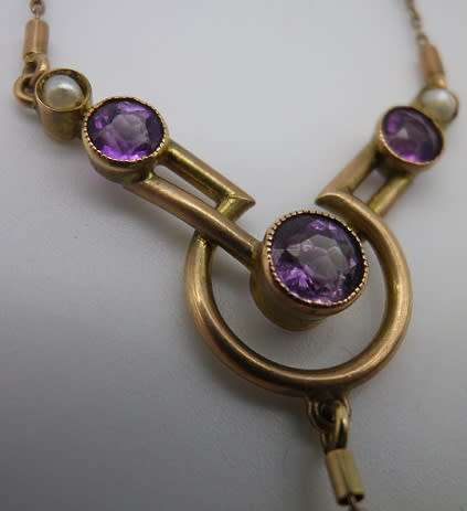 9ct gold, amethyst and seed pearl art deco style designer necklace. EXQUISITE