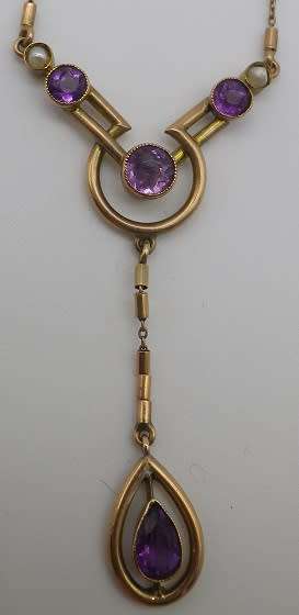 9ct gold, amethyst and seed pearl art deco style designer necklace. EXQUISITE