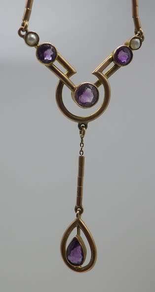 9ct gold, amethyst and seed pearl art deco style designer necklace. EXQUISITE