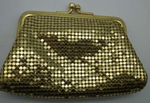 Vintage gold sequin clutch purse with diamante clasp. Made in USA