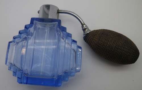 ART DECO BLUE GLASS PERFUME BOTTLE with chrome top