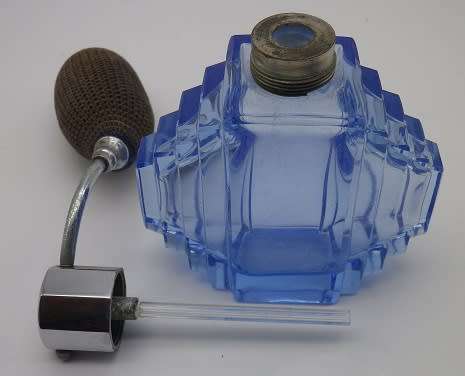 ART DECO BLUE GLASS PERFUME BOTTLE with chrome top