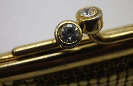 Vintage gold sequin clutch purse with diamante clasp. Made in USA