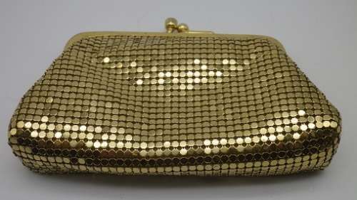 Vintage gold sequin clutch purse with diamante clasp. Made in USA