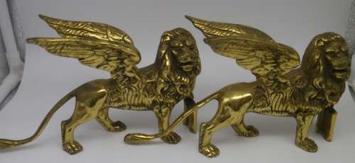 PAIR SOLID BRASS ANTIQUE c 1890s LIONS OF ST MARK 3,1 kg 20 x12 x 8cm