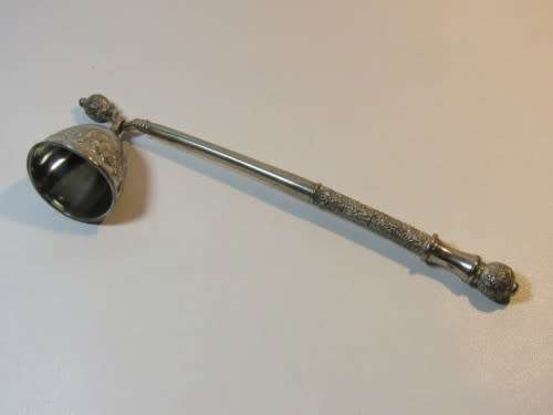 Ornate, heavy candle snuffer. Silver tone metal, fabulous quality. Possibly pewter. 20cm