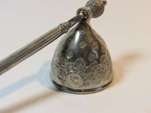 Ornate, heavy candle snuffer. Silver tone metal, fabulous quality. Possibly pewter. 20cm