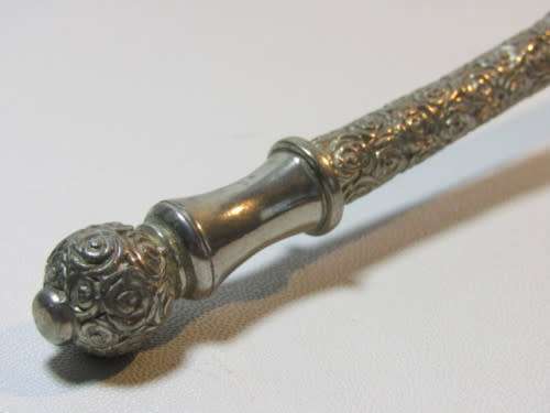 Ornate, heavy candle snuffer. Silver tone metal, fabulous quality. Possibly pewter. 20cm