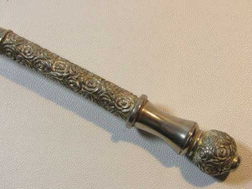 Ornate, heavy candle snuffer. Silver tone metal, fabulous quality. Possibly pewter. 20cm
