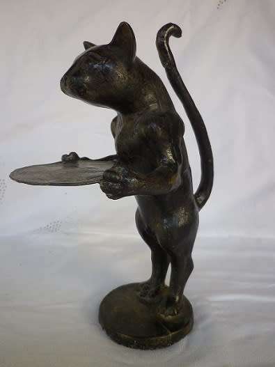 CAST METAL CAT VINTAGE/ANTIQUE BUSINESS CARD HOLDER. CAT CARICATURE DESIGN VERY UNUSUAL 35cm