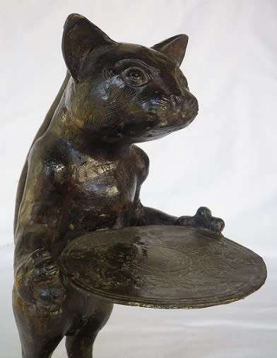 CAST METAL CAT VINTAGE/ANTIQUE BUSINESS CARD HOLDER. CAT CARICATURE DESIGN VERY UNUSUAL 35cm