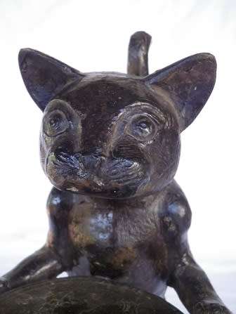 CAST METAL CAT VINTAGE/ANTIQUE BUSINESS CARD HOLDER. CAT CARICATURE DESIGN VERY UNUSUAL 35cm