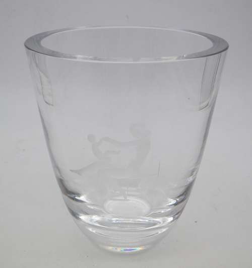 ORREFORS SWEDEN crystal vase c1935 Vicke Lindstrand .Etched with mother & child 11.5cm high Signed
