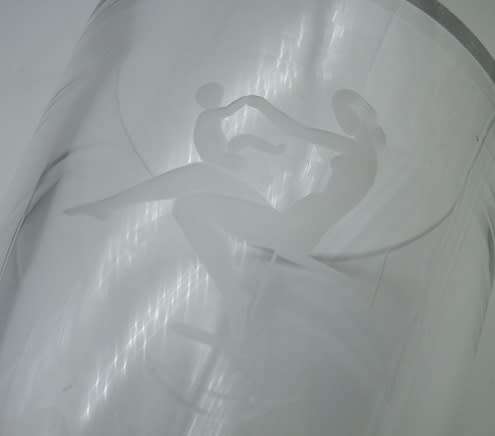 ORREFORS SWEDEN crystal vase c1935 Vicke Lindstrand .Etched with mother & child 11.5cm high Signed