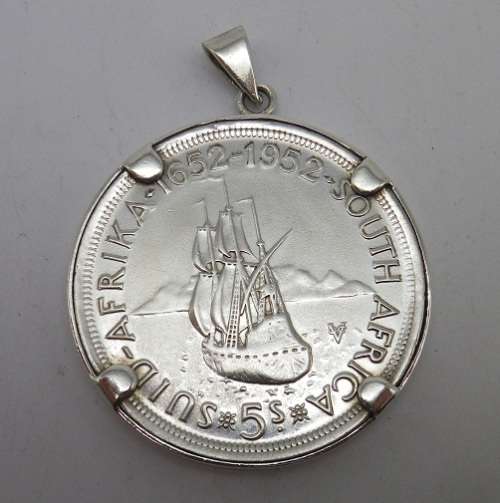 George VI 5 Shilling 1952 SOUTH AFRICA silver coin in STERLING SILVER Pendant setting