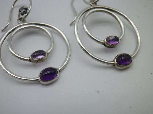 PANDORA STERLING SILVER & 2 TONE AMETHYST DOUBLE HOOP EARRINGS