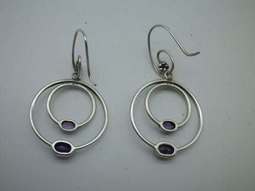 PANDORA STERLING SILVER & 2 TONE AMETHYST DOUBLE HOOP EARRINGS