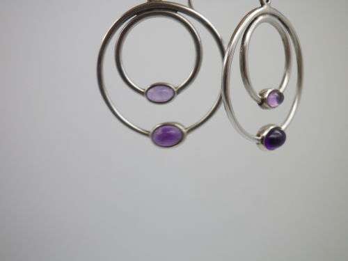 PANDORA STERLING SILVER & 2 TONE AMETHYST DOUBLE HOOP EARRINGS