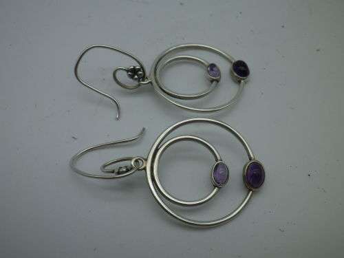 PANDORA STERLING SILVER & 2 TONE AMETHYST DOUBLE HOOP EARRINGS