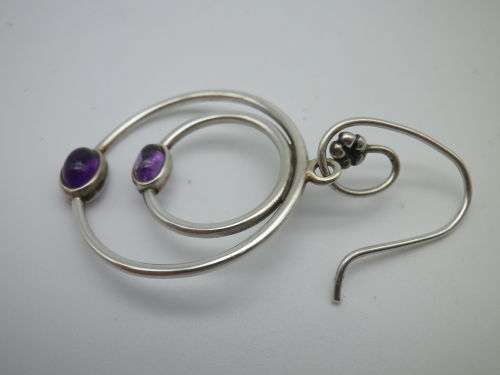 PANDORA STERLING SILVER & 2 TONE AMETHYST DOUBLE HOOP EARRINGS