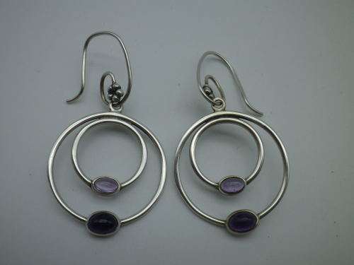 PANDORA STERLING SILVER & 2 TONE AMETHYST DOUBLE HOOP EARRINGS