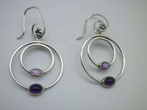 PANDORA STERLING SILVER & 2 TONE AMETHYST DOUBLE HOOP EARRINGS