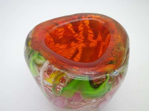 EXQUISITE VINTAGE MURANO Aventurine & Millefiori encased small vase Original label 6.3cm
