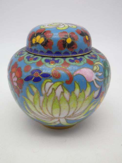 Chinese Cloisonne mini lidded ginger jar 7 cm.  Excellent Condition