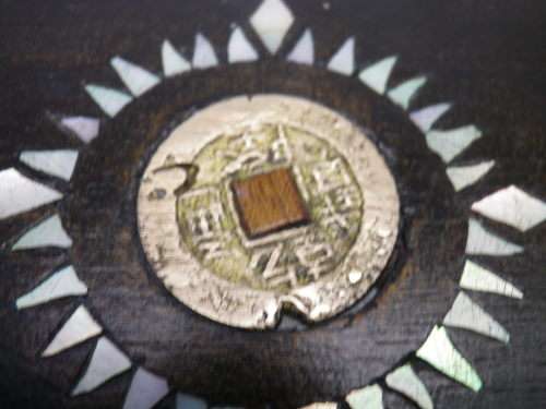 Vintage wooden box with antique Chinese coin and mother of pearl detail 12.5c8.5x 4.5cm