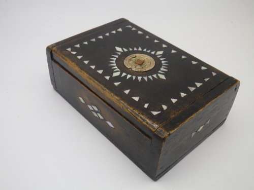 Vintage wooden box with antique Chinese coin and mother of pearl detail 12.5c8.5x 4.5cm