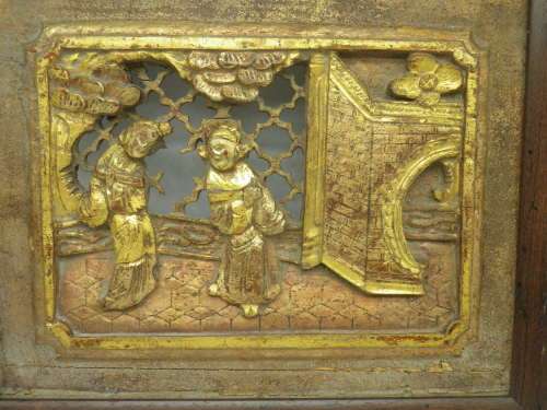 Beautiful Carved Chinese small wood panel. Original seal on reverse. Gilded and framed