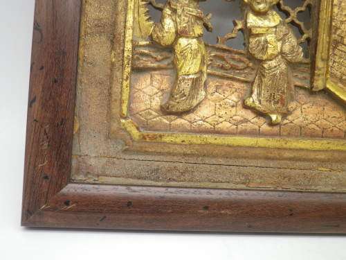 Beautiful Carved Chinese small wood panel. Original seal on reverse. Gilded and framed