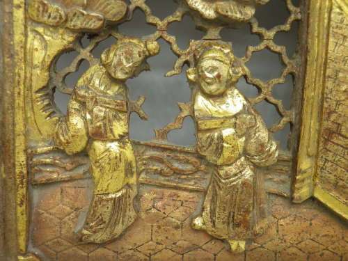 Beautiful Carved Chinese small wood panel. Original seal on reverse. Gilded and framed