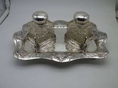 Victorian Silver Plate & Crystal double inkwel, James Deacon & Sons