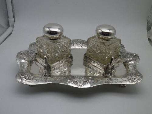 Victorian Silver Plate & Crystal double inkwel, James Deacon & Sons