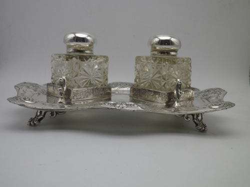 Victorian Silver Plate & Crystal double inkwel, James Deacon & Sons