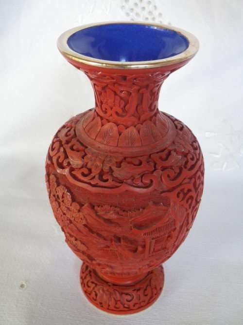 Vintage Chinese Cinnabar Carved Resin Vase with Pagoda in Ornate landscape 18 cm tall