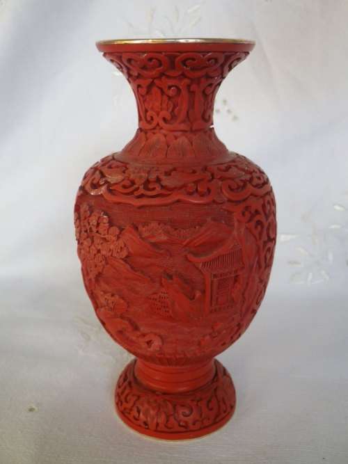 Vintage Chinese Cinnabar Carved Resin Vase with Pagoda in Ornate landscape 18 cm tall