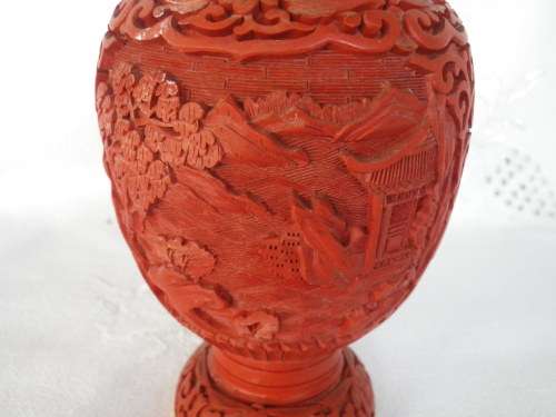 Vintage Chinese Cinnabar Carved Resin Vase with Pagoda in Ornate landscape 18 cm tall