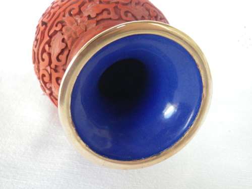 Vintage Chinese Cinnabar Carved Resin Vase with Pagoda in Ornate landscape 18 cm tall