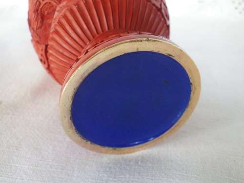 Vintage Chinese Cinnabar Carved Resin Vase with Pagoda in Ornate landscape 18 cm tall