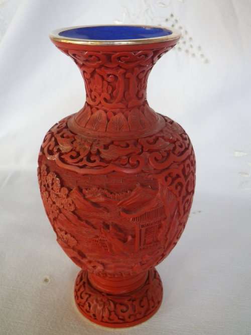 Vintage Chinese Cinnabar Carved Resin Vase with Pagoda in Ornate landscape 18 cm tall