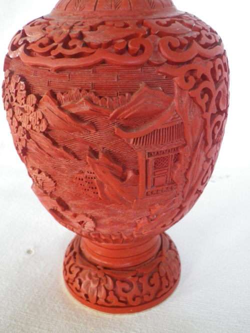Vintage Chinese Cinnabar Carved Resin Vase with Pagoda in Ornate landscape 18 cm tall