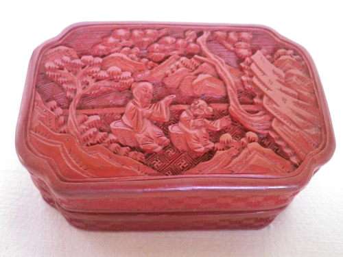 Vintage Chinese Cinnabar Carved Resin Lidded Box. 2 sages in conversation. 11x 7.5x 4.5cm