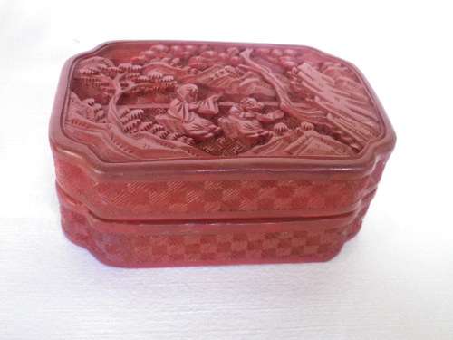 Vintage Chinese Cinnabar Carved Resin Lidded Box. 2 sages in conversation. 11x 7.5x 4.5cm