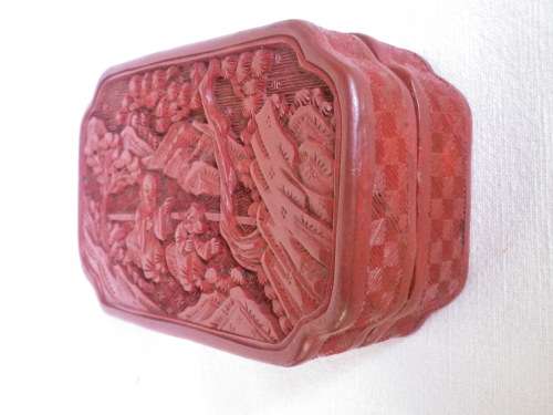 Vintage Chinese Cinnabar Carved Resin Lidded Box. 2 sages in conversation. 11x 7.5x 4.5cm
