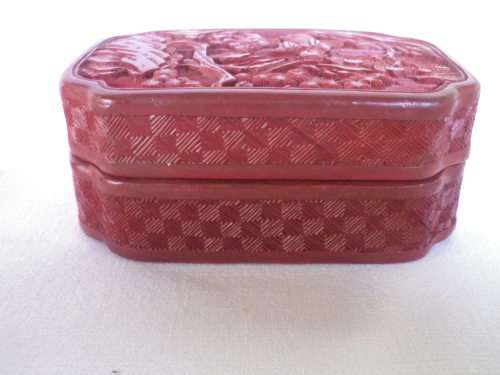 Vintage Chinese Cinnabar Carved Resin Lidded Box. 2 sages in conversation. 11x 7.5x 4.5cm